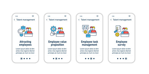 Naklejka na ściany i meble Talent management onboarding mobile app screens.Recruitment. Talent development.Business Practice steps menu. Set of UI, UX, web template with RGB color linear icons