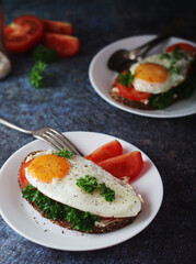 Sandwiches with fried eggs and tomatoes