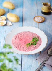 A plate with cold beetroot soup - national dish of Baltic region