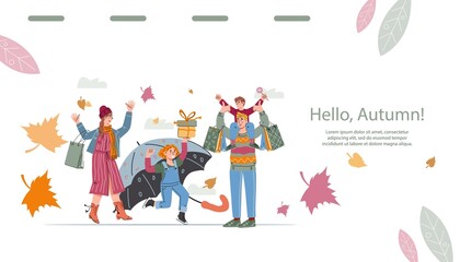 Autumn sale and family shopping website banner. People with umbrellas and big shopping bags buying goods at Autumn Sale seasonal discount, flat cartoon vector illustration. Design of web page.