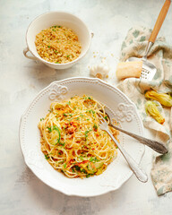 Spaghetti with zucchini blossoms