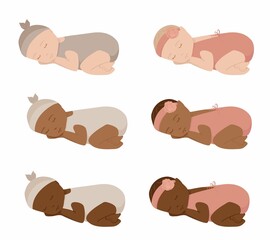 Collection of newborn baby with different skin tone. New baby in romper lying and sleeping. Girl and boy children.