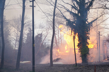 Fireman extinguish a house and building; sapanca turkey in the forest and building fires