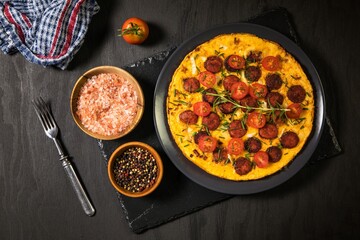 Scrambled eggs with sausages, tomatoes, pepper and chives on a plate. Hearty meal. Keto diet. Egg omelette with vegetables.