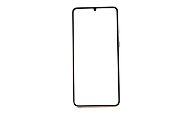 Smart phone with blank white screen on blank white screen, isolated mobile phone with copy space for advertisement on white background.