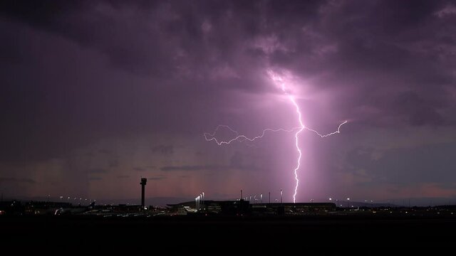 lightning strikes airport late evening rainshowers close slow motion