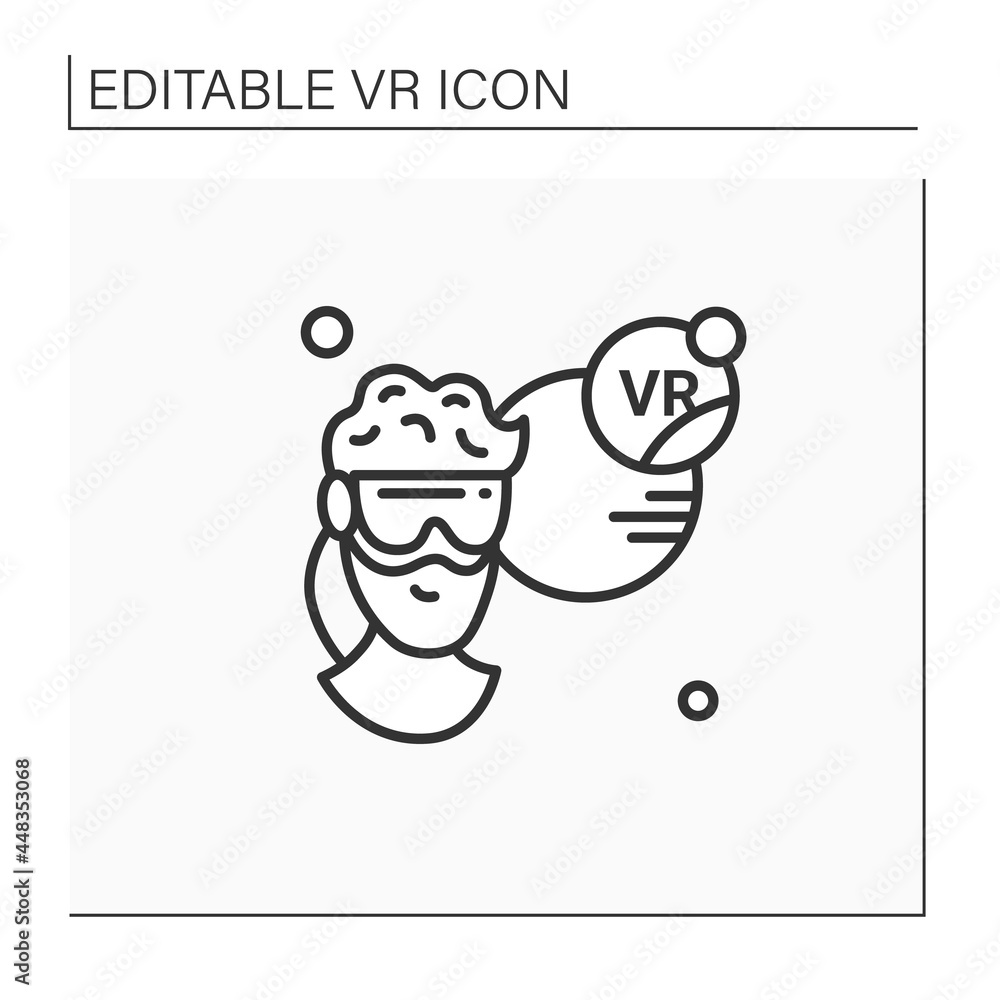 Poster vr headset line icon. man looking into 3d perspective. having headset computer. virtual reality gami