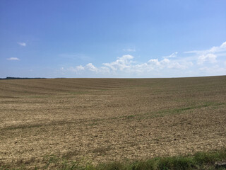 Fototapeta na wymiar View of plowed and cultivated field on a summer sunny day in the countryside in the vicinity of Rétság, Hungary
