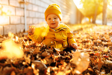 Cute baby in the autumn park, Happy child enjoying a warm and sunny autumn day
