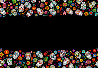Day of the Dead skulls banner. Dia de los muertos border.Day of the dead and mexican Halloween background. Mexican tradition festival. Day of the dead sugar skull isolated. Dia de los Muertos skull
