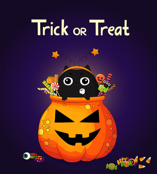 Halloween background. Black cat with candy in trear bowl on dark background.Trick or treat Halloween sweets, candies, treats, Jack o lantern bowl. Happy Halloween character cute cat greeting card, pos