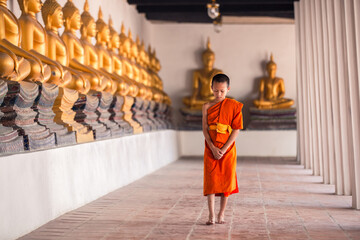 Obraz premium Young novice monk walking for meditation at Wat Phutthaisawan temple, Ayutthaya
