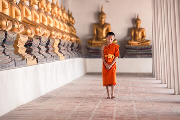 Young novice monk walking for meditation at Wat Phutthaisawan temple, Ayutthaya