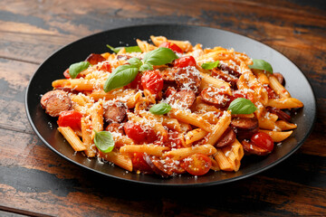 Sausage penne Pasta with tomato sauce, parmesan cheese and basil on black plate