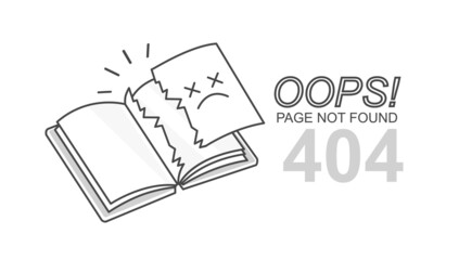 Vector design book with torn page 404 error concept page not found, disconnection, loss of connect. Linear style ragged book icon - obrazy, fototapety, plakaty