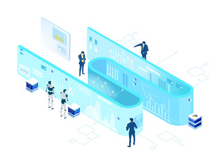 Data center concept with business people. Isometric working space, business people working together in server room, analysing data, solving problems, find solutions. Support idea