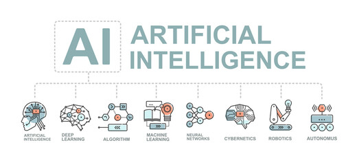 Artificial Intelligence thin line icons of AI, neural network, autonomous, robotics, cybernetics, deep learning and problem solving. AI flat line infographic. Vector illustration isolated from white