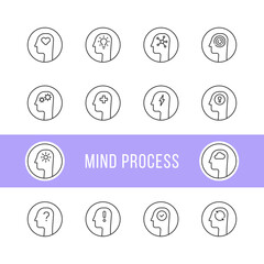set of thin line mind process icon with heads
