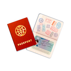 Two bright passports with EU visa on white
