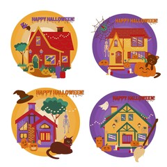 Happy halloween card with haunted house set Flat vector illustration on white background