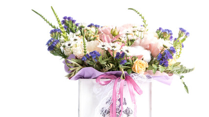 bouquet of flowers in a wooden box. wedding bouquet. flowers congratulations on the holiday. valentine's day.
