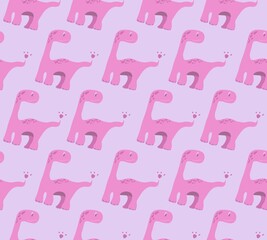 seamless pattern illustration of a cute pink dinosaur on white background, little dino cartoon concept.