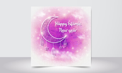 Happy Islamic new year Muharram 01 watercolor splash vector illustration background design