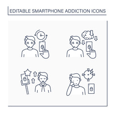 Naklejka premium Smartphone addiction line icons set. Virtual world. Encouraging self absorption, diminishing ability to concentrate. Overwhelmed concept. Isolated vector illustrations. Editable stroke