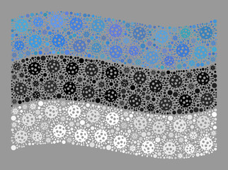 Mosaic waving Estonia flag created of Covid-2019 elements. Vector covid-2019 collage waving Estonia flag created for health care posters. Designed for political or patriotic projects.