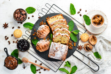 Delicious cupcake with dried fruit. Top view, free copy space.