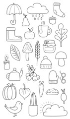 Collection of autumn items isolated on white background. Autumn clothes, leaves, bird, clouds, pie, pumpkin, umbrella, cup, teapot, rowan. Coloring. All objects are separated.