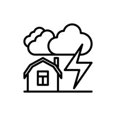 Thunderstorm, stormy weather thin line icon: house under clouds and lightning. Natural disaster. Vector illustration.