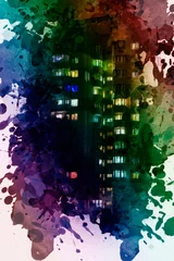 Tableau sur plexiglas Aquarelle gratte-ciel Digital watercolor painting City condo at night. Beautiful Front View of a high-rise building with apartment windows with lights on. Contemporary Art. Abstract wallpaper.  © Mikhail