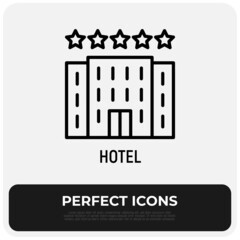 Hotel building thin line icon. Tourism, vacation. Vector illustration.