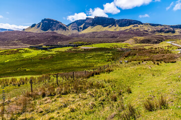 Fototapeta na wymiar A view across higland farms towards the Quiraing Mountains on the Isle of Skye, Scotland on a summers day