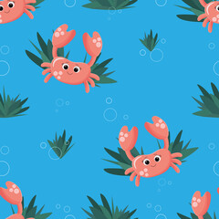 Seamless pattern of cute pink crab with algae and bubbles on a blue background.
