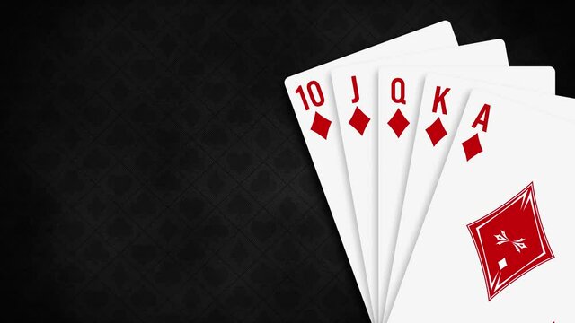 Animation opening Royal flush clubs playing cards on black background. Poker and Casino Playing Cards. Blank poster template with design card royal flush poker hand. Motion design.