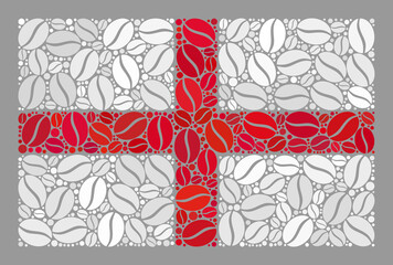 Mosaic England flag is created of cocoa seed icons. Vector coffee collage England flag done for cafeteria labels. England flag collage is created of scattered cocoa beans.