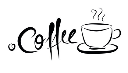 Lettering coffee and cup on white. Vector illustration. Perfect for menu, logo.