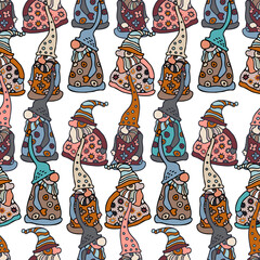Colorful vector design seamless illustration pattern silhouettes of gnomes