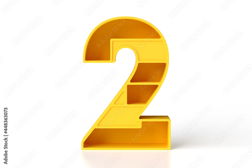 Aufkleber 3d font made of plastic shapes. yellow showy number 2. high resolution 3d rendering.
