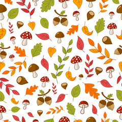 autumn seamless texture with fly agarics, mushrooms, chestnuts, acorns, leaves