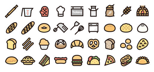 Fototapeta na wymiar Bread and Bakery Icon Set (Bold outline Color version)