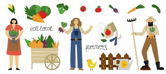 Farmers people and harvest. Happy male and female farmer with vegetables, Local organic products, agricultural products and characters in village, gardeners in countryside, vector cartoon isolated set