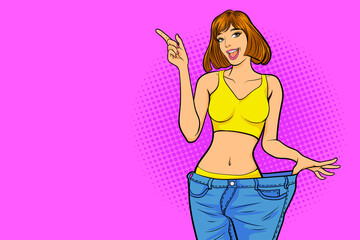 woman with slim body in old big size pants