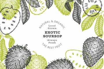 Hand drawn sketch style soursop fruit banner. Organic fresh fruit vector illustration. Retro guanabana design template