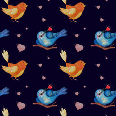 Decorative birds seamless pattern. Magic blue bird with red flower and orange cute sparrow on a dark blue background with hearts. Watercolor. Illustration Hand drawing for design