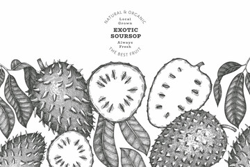 Hand drawn sketch style soursop fruit banner. Organic fresh fruit vector illustration. Retro guanabana design template