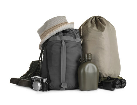Set of camping equipment for tourist on white background