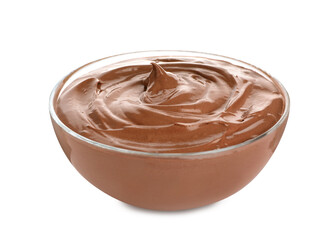 Bowl of delicious chocolate cream isolated on white